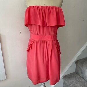 Postella Coral Pink Strapless 100% Silk Ruffle Pocket Mini Dress EUC XS